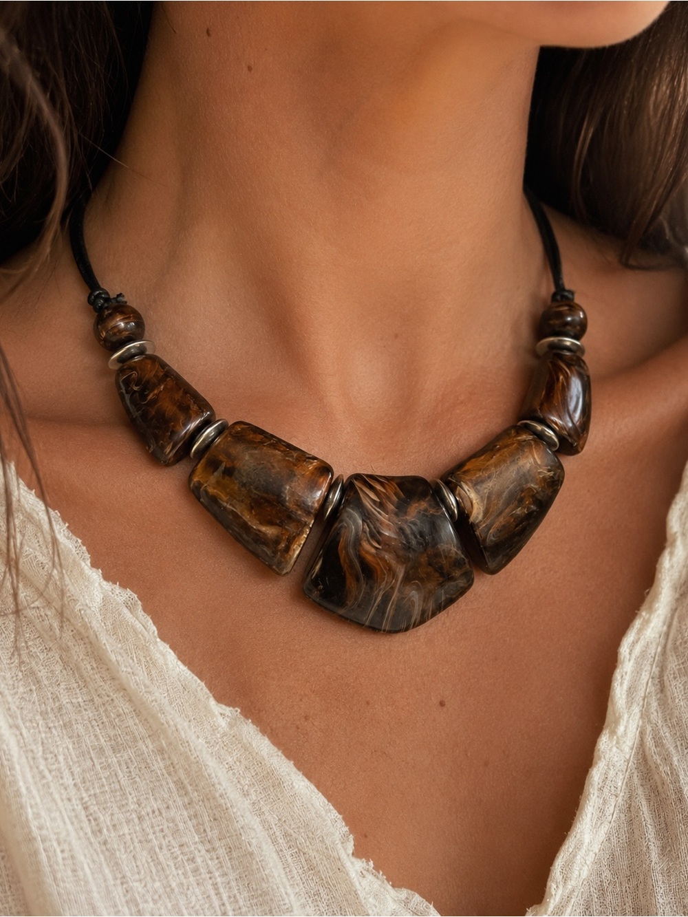 Brown Resin Statement Necklace with Swirl Accents